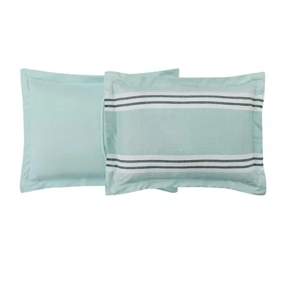 Reversible Color block w a seaside vibe, the Aiden comforter Set.